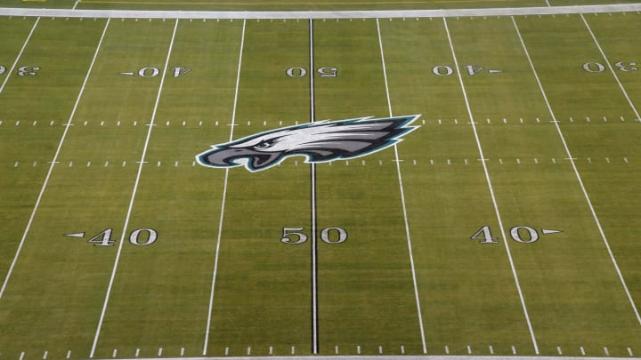 Dec 25, 2017; Philadelphia, PA, USA; General overall view of the Philadelphia Eagles logo at midfield during an NFL football game between the Oakland Raiders and the Philadelphia Eagles at Lincoln Financial Field. Mandatory Credit: Kirby Lee-USA TODAY Sports
