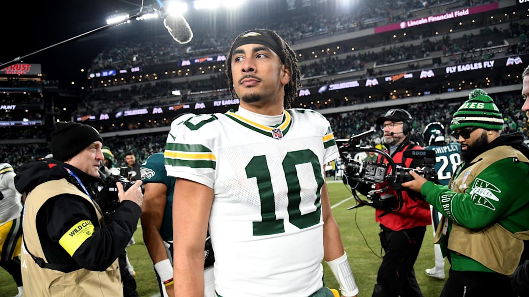 Jan 12, 2025; Philadelphia, Pennsylvania, USA; Green Bay Packers quarterback Jordan Love (10) on the field after loss to the Philadelphia Eagles in an NFC wild card game at Lincoln Financial Field. Mandatory Credit: Eric Hartline-Imagn Images