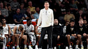 Vanderbilt basketball head coach Mark Byington watches his players during an NCAA college basketball game against California Wednesday, Nov. 13, 2024, in Nashville, Tenn.