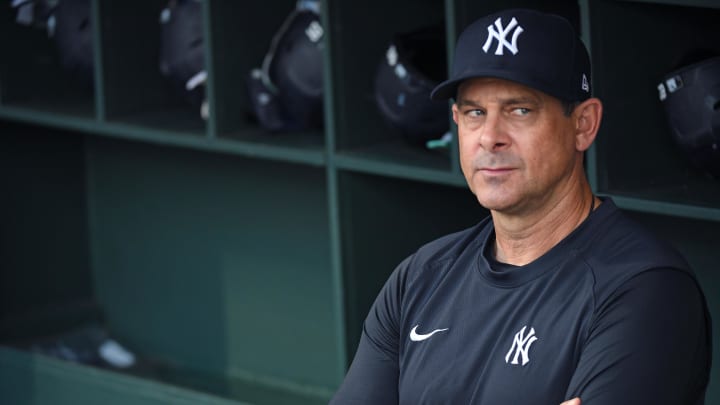 Jul 29, 2024; Philadelphia, Pennsylvania, USA; New York Yankees manager Aaron Boone (17) in the dugout against the Philadelphia Phillies at Citizens Bank Park. Mandatory Credit: Eric Hartline-USA TODAY Sports