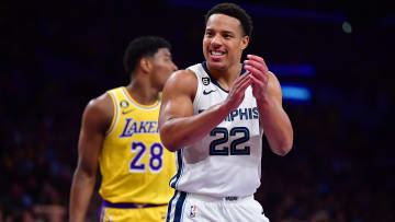 Apr 24, 2023; Los Angeles, California, USA; Memphis Grizzlies guard Desmond Bane (22) reacts after scoring a basket against the Los Angeles Lakers during the second half in game four of the 2023 NBA playoffs at Crypto.com Arena. Mandatory Credit: Gary A. Vasquez-USA TODAY Sports