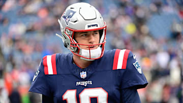 Dec 17, 2023; Foxborough, Massachusetts, USA; New England Patriots quarterback Mac Jones (10) warms