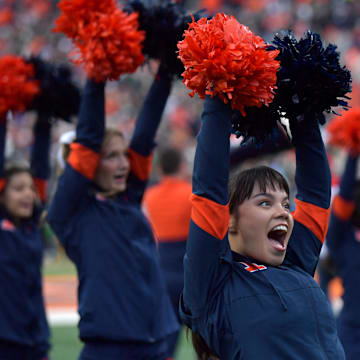 Nov 16, 2024; Champaign, Illinois, USA;  Illinois fighting Illini cheerleaders during the second half against the Michigan State Spartans at Memorial Stadium. Mandatory Credit: Ron Johnson-Imagn Images