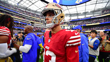 Sep 22, 2024; Inglewood, California, USA; San Francisco 49ers quarterback Brock Purdy (13) reacts following the loss against the Los Angeles Rams at SoFi Stadium. Mandatory Credit: Gary A. Vasquez-Imagn Images