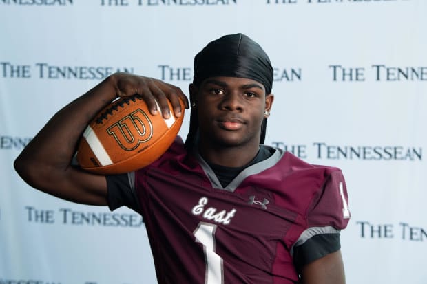 East Robertson High School’s Isaiah Groves stands for a portrait during Media Day at Nissan Stadium on July 10, 2024.