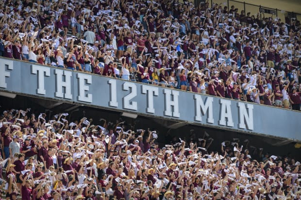 A view of the stands and the 12th Man logo during the first half of a game between Texas A&M and New Mexico. 