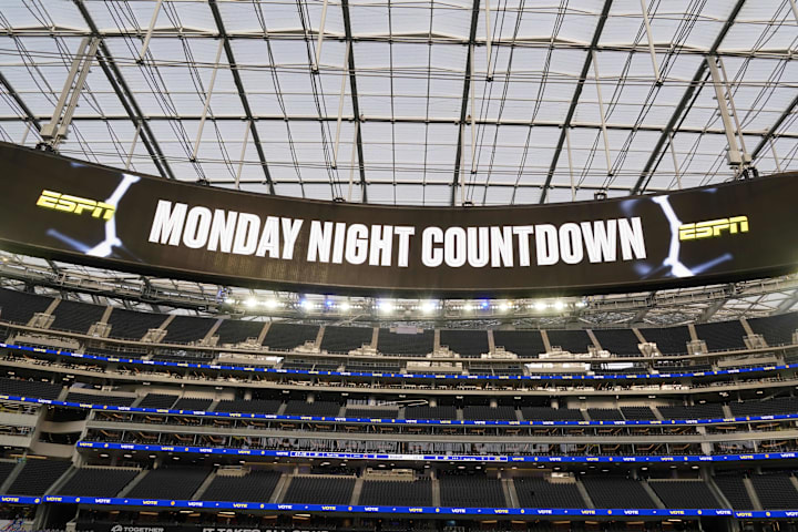 An ESPN Monday Night Football  Countdown logo on the oculus scoreboard at SoFi Stadium 