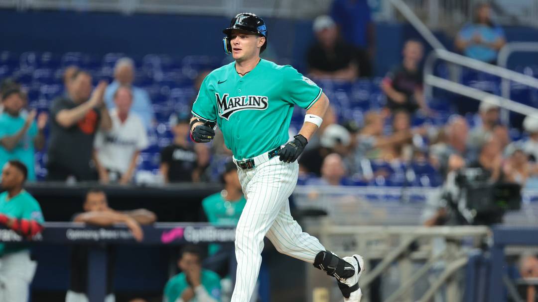 Aug 9, 2026; Miami, Florida, USA; Miami Marlins designated hitter Griffin Conine (18) rounds the bases after hitting a home run against the Los Angeles Angels during the eighth inning at loanDepot Park. Mandatory Credit: Sam Navarro-Imagn Images