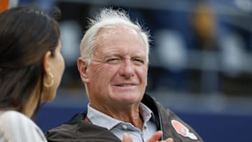 Aug 24, 2024; Seattle, Washington, USA; Cleveland Browns owner Jimmy Haslam sits on the bench during pregame warmups against the Seattle Seahawks at Lumen Field. Mandatory Credit: Joe Nicholson-Imagn Images