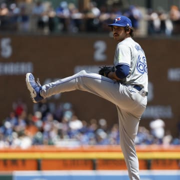 Toronto Blue Jays pitcher Jordan Romano (68) pitches during the eighth inning of the game against the Detroit Tigers at Comerica Park on May 25.