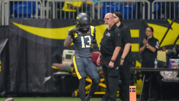 Mar 31, 2024; San Antonio, TX, USA;  San Antonio Brahmas wide receiver Jontre Kirklin (13) celebrates a touchdown in the first half against the DC Defenders at The Alamodome. Mandatory Credit: Daniel Dunn-USA TODAY Sports