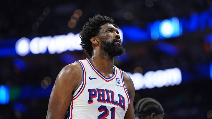 May 10, 2026; Philadelphia, Pennsylvania, USA; Philadelphia 76ers center Joel Embiid (21) looks on against the New York Knicks in the second quarter during game four of the second round of the 2026 NBA Playoffs at Xfinity Mobile Arena. Mandatory Credit: Kyle Ross-Imagn Images