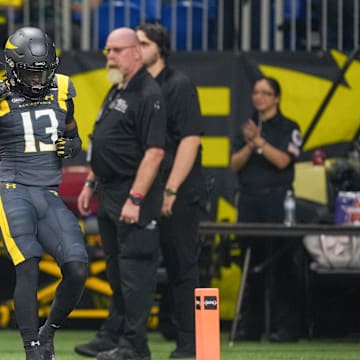 Mar 31, 2024; San Antonio, TX, USA;  San Antonio Brahmas wide receiver Jontre Kirklin (13) celebrates a touchdown in the first half against the DC Defenders at The Alamodome. Mandatory Credit: Daniel Dunn-Imagn Images