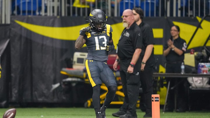 Mar 31, 2024; San Antonio, TX, USA;  San Antonio Brahmas wide receiver Jontre Kirklin (13) celebrates a touchdown in the first half against the DC Defenders at The Alamodome. Mandatory Credit: Daniel Dunn-Imagn Images