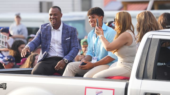 Jul 20, 2024; Cooperstown, New York, USA; Hall of Fame inductee Adrian Beltre with his family during the Parade of Legends in Cooperstown, NY. 