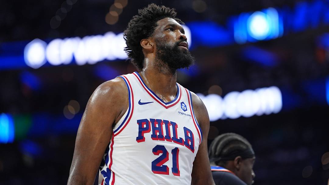 May 10, 2026; Philadelphia, Pennsylvania, USA; Philadelphia 76ers center Joel Embiid (21) looks on against the New York Knicks in the second quarter during game four of the second round of the 2026 NBA Playoffs at Xfinity Mobile Arena. Mandatory Credit: Kyle Ross-Imagn Images