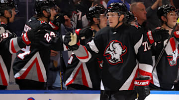 Oct 26, 2024; Buffalo, New York, USA;  Buffalo Sabres center Tage Thompson (72) celebrates his goal with teammates during the first period against the Detroit Red Wings at KeyBank Center. Mandatory Credit: Timothy T. Ludwig-Imagn Images