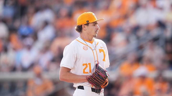 Tennessee's Tegan Kuhns (21) on the mound against Texas in an NCAA college baseball game in Knoxville, Tennessee on May 8, 2026.