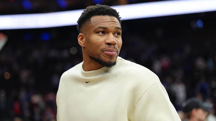 Apr 12, 2026; Philadelphia, Pennsylvania, USA; Milwaukee Bucks forward Giannis Antetokounmpo looks on after the game against the Philadelphia 76ers at Xfinity Mobile Arena. Mandatory Credit: Kyle Ross-Imagn Images