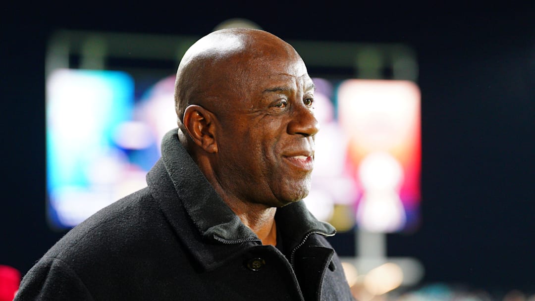 Nov 23, 2024; Kansas City, Missouri, USA; Magic Johnson attends the 2024 NWSL Championship match at CPKC Stadium. Mandatory Credit: Denny Medley-Imagn Images