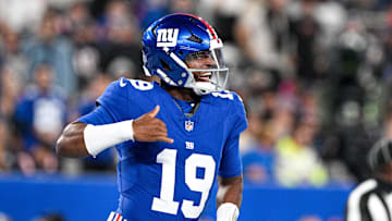 New York Giants quarterback Jameis Winston (19) celebrates a touchdown during the first quarter against the New England Patriots at MetLife Stadium.