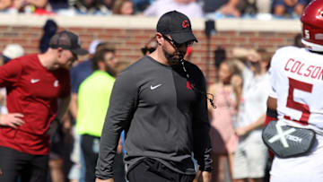 Oct 11, 2025; Oxford, Mississippi, USA; Washington State Cougars Head Coach Jimmy Rogers looks on during warm ups prior to the game against the Mississippi Rebels at Vaught-Hemingway Stadium. Mandatory Credit: Petre Thomas-Imagn Images