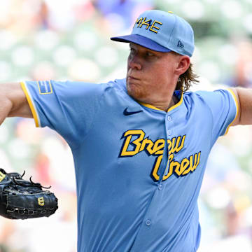 Jul 14, 2024; Milwaukee, Wisconsin, USA; Milwaukee Brewers starting pitcher Rob Zastryzny (58) pitches in the first inning against the Washington Nationals at American Family Field. Mandatory Credit: Benny Sieu-Imagn Images