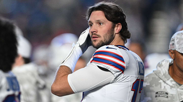 Buffalo Bills quarterback Josh Allen (17) stands on the sidelines before the game against the Indianapolis Colts at Lucas Oil Stadium. Buffalo Bills quarterback Josh Allen (17) stands on the sidelines before the game against the Indianapolis Colts at Lucas Oil Stadium.