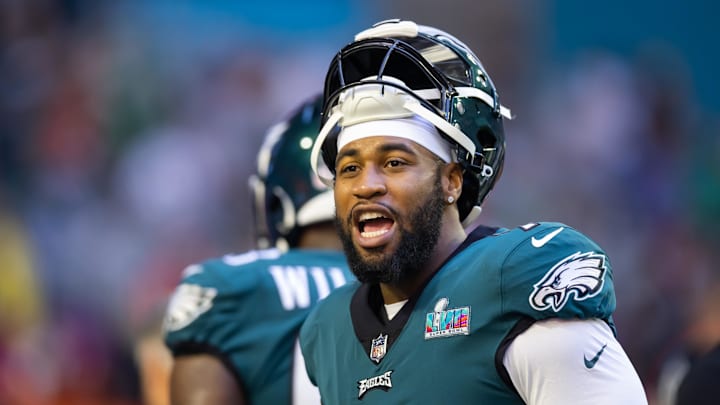 Feb 12, 2023; Glendale, Arizona, US; Philadelphia Eagles linebacker Haason Reddick (7) against the Kansas City Chiefs during Super Bowl LVII at State Farm Stadium. Mandatory Credit: Mark J. Rebilas-Imagn Images