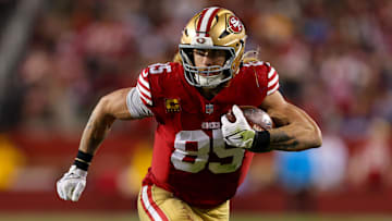 Dec 30, 2024; Santa Clara, California, USA; San Francisco 49ers tight end George Kittle (85) during the game against the Detroit Lions at Levi's Stadium. Mandatory Credit: Sergio Estrada-Imagn Images