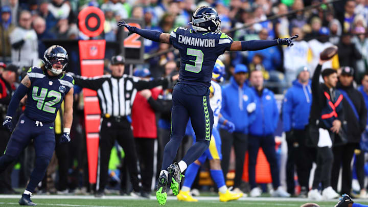 Jan 25, 2026; Seattle, WA, USA; Seattle Seahawks safety Nick Emmanwori (3) reacts after a play against the Los Angeles Rams during the first half in the 2026 NFC Championship Game at Lumen Field. Mandatory Credit: Kevin Ng-Imagn Images