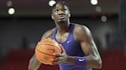 Jan 6, 2025; Houston, Texas, USA; TCU Horned Frogs center Malick Diallo (32) warms up before the game against the Houston Cougars at Fertitta Center. Mandatory Credit: Troy Taormina-Imagn Images