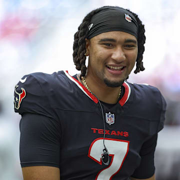 Aug 17, 2024; Houston, Texas, USA; Houston Texans quarterback C.J. Stroud (7) during the game against the New York Giants at NRG Stadium. Mandatory Credit: Troy Taormina-Imagn Images