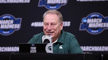 Mar 27, 2025; Atlanta, GA, USA; Michigan State Spartans head coach Tom Izzo addresses the media in a press conference during NCAA Tournament South Regional Practice at State Farm Arena. Mandatory Credit: Brett Davis-Imagn Images