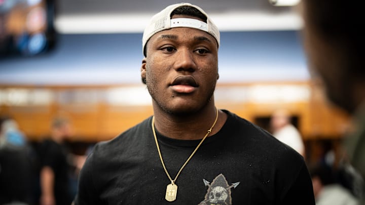 Tennessee Titans linebacker Kenneth Murray Jr. gives an interview as the team cleans out its locker room at Ascension Saint Thomas Sports Park.
