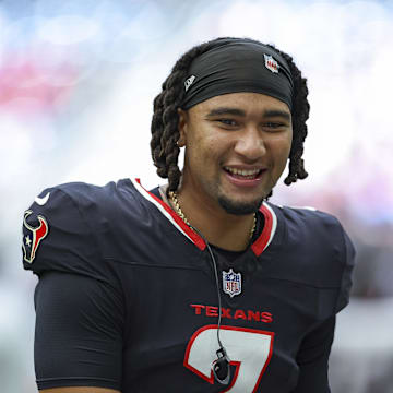 Aug 17, 2024; Houston, Texas, USA; Houston Texans quarterback C.J. Stroud (7) during the game against the New York Giants at NRG Stadium. Mandatory Credit: Troy Taormina-Imagn Images