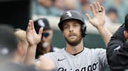 Chicago White Sox outfielder Austin Slater (15) celebrates in the dugout against the Detroit Tigers at Comerica Park. 