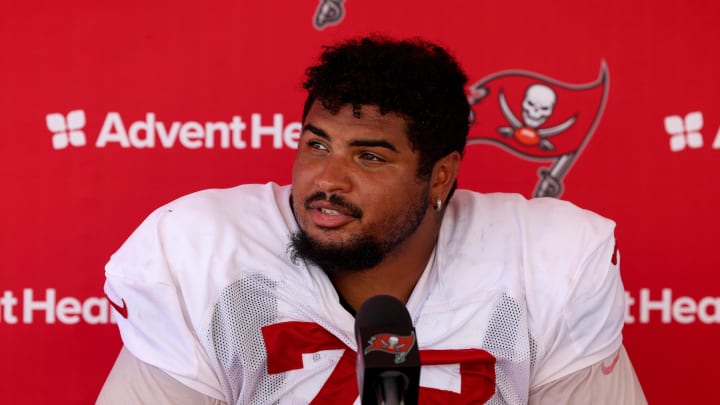 Aug 3, 2023; Tampa Bay, FL, USA;  Tampa Bay Buccaneers offensive tackle Tristan Wirfs (78) gives a press conference after training camp at AdventHealth Training Center. Mandatory Credit: Nathan Ray Seebeck-USA TODAY Sports