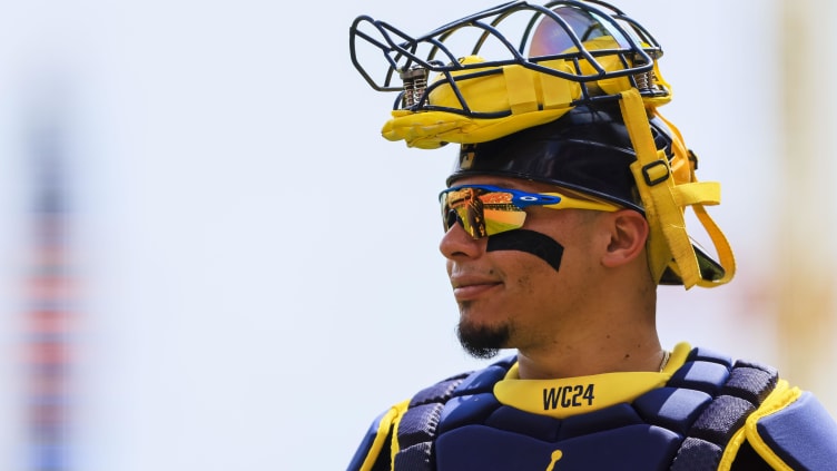 Aug 30, 2024; Cincinnati, Ohio, USA; Milwaukee Brewers catcher William Contreras (24) walks off the field in the fifth inning against the Cincinnati Reds at Great American Ball Park. Mandatory Credit: Katie Stratman-USA TODAY Sports