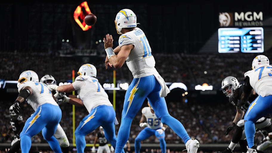 Justin Herbert throws a pass for the Los Angeles Chargers vs. the Las Vegas Raiders.