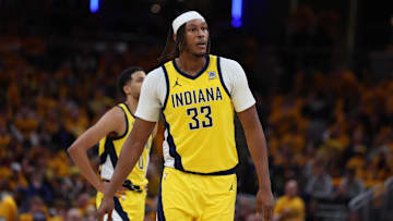 May 25, 2025; Indianapolis, Indiana, USA; Indiana Pacers center Myles Turner (33) walks downcourt during the third quarter against the New York Knicks during game three of the eastern conference finals for the 2025 NBA Playoffs at Gainbridge Fieldhouse. Mandatory Credit: Trevor Ruszkowski-Imagn Images