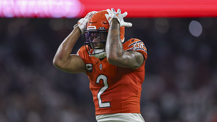 Chicago Bears receiver D.J. Moore reacts to a play.