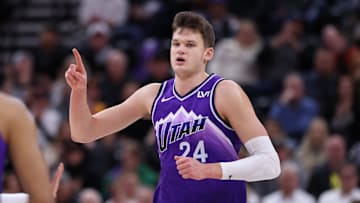 Dec 8, 2023; Salt Lake City, Utah, USA; Utah Jazz center Walker Kessler (24) reacts to a play against the Los Angeles Clippers during the second half at Delta Center. Mandatory Credit: Rob Gray-Imagn Images