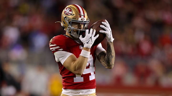 Dec 30, 2024; Santa Clara, California, USA; San Francisco 49ers wide receiver Ricky Pearsall (14) catches a pass during the second quarter against the Detroit Lions at Levi's Stadium. Mandatory Credit: Sergio Estrada-Imagn Images