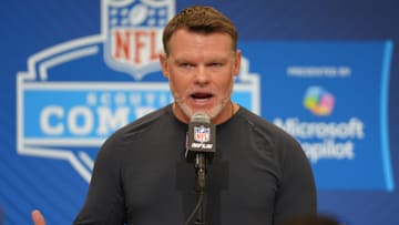 Indianapolis Colts general manager Chris Ballard speaks to the media during the 2025 NFL draft.