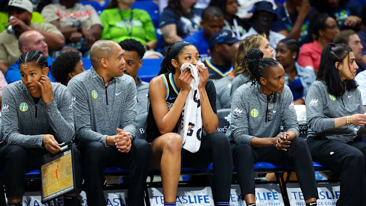 May 15, 2024; Arlington, Texas, USA;  Chicago Sky forward Angel Reese (5) reacts on the bench during the first quarter against the Dallas Wings at College Park Center. Mandatory Credit: Kevin Jairaj-Imagn Images