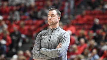 Jan 13, 2024; Las Vegas, Nevada, USA; Utah State Aggies head coach Danny Sprinkle looks on during the UNLV Rebels in the first half at Thomas & Mack Center. Mandatory Credit: Candice Ward-USA TODAY Sports
