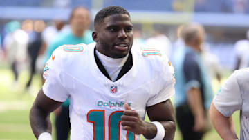 Miami Dolphins wide receiver Tyreek Hill (10) leaves the field after losing to the Indianapolis Colts at Lucas Oil Stadium.