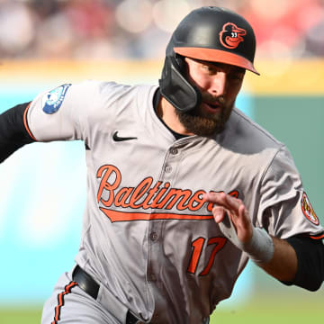 Aug 1, 2024; Cleveland, Ohio, USA; Baltimore Orioles left fielder Colton Cowser (17) rounds third base en route to scoring  at Progressive Field. 