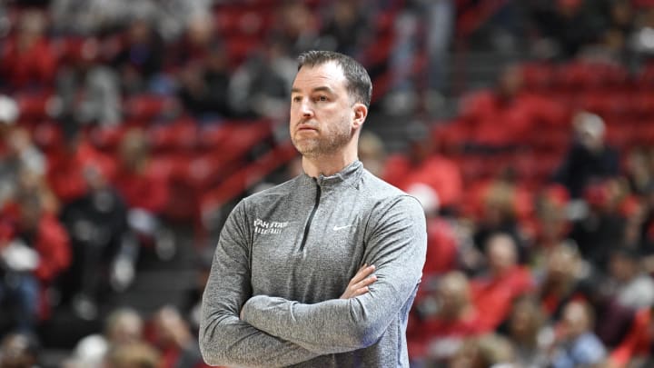 Jan 13, 2024; Las Vegas, Nevada, USA; Utah State Aggies head coach Danny Sprinkle looks on during the UNLV Rebels in the first half at Thomas & Mack Center. Mandatory Credit: Candice Ward-USA TODAY Sports